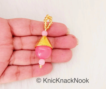 Pink Bead Tassels Latkan, Indian Antique Distressed Latkans, Gold Beaded Danglers